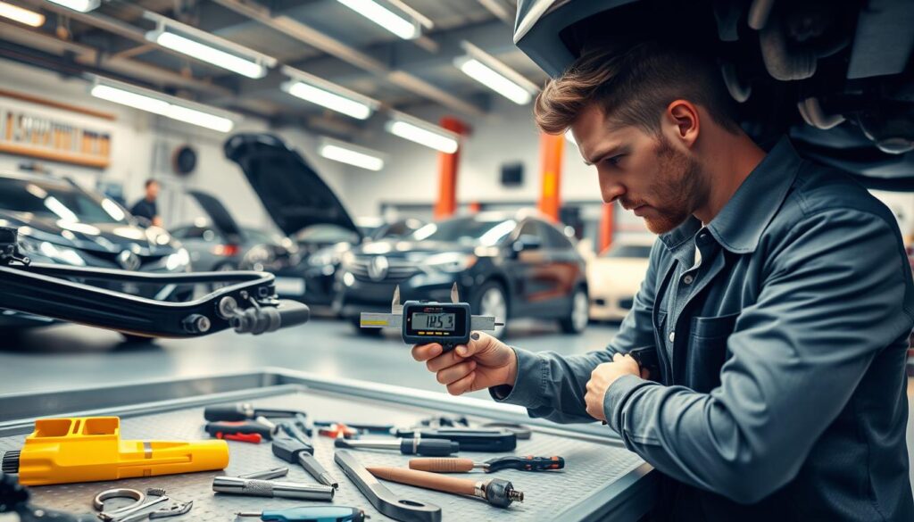 A detailed automotive inspection scene set in a modern garage. In the foreground, a professional mechanic in smart, casual clothing is closely examining a vehicle's chassis using a specialized measuring device. The mechanic’s expression reflects concentration and expertise. In the middle ground, enhance the image with tools and equipment scattered methodically, showcasing the thoroughness of the inspection process. The background features a well-lit garage with various cars under inspection, tools neatly organized on walls, and a warm, inviting atmosphere created by soft fluorescent lighting. The mood is diligent and professional, emphasizing the importance of pre-purchase vehicle evaluations. Capture the overall essence of a meticulous, technical examination of a car’s condition, focusing on safety and functionality. A detailed automotive inspection scene set in a modern garage. In the foreground, a professional mechanic in smart, casual clothing is closely examining a vehicle's chassis using a specialized measuring device. The mechanic’s expression reflects concentration and expertise. In the middle ground, enhance the image with tools and equipment scattered methodically, showcasing the thoroughness of the inspection process. The background features a well-lit garage with various cars under inspection, tools neatly organized on walls, and a warm, inviting atmosphere created by soft fluorescent lighting. The mood is diligent and professional, emphasizing the importance of pre-purchase vehicle evaluations. Capture the overall essence of a meticulous, technical examination of a car’s condition, focusing on safety and functionality.