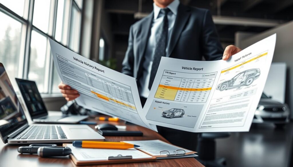 A detailed scene depicting a professional setting where an individual, dressed in business attire, is reviewing a comprehensive vehicle history report. In the foreground, the person is intently analyzing documents featuring a VIN report, highlighted data tables, and diagrams illustrating repair history. The middle ground features a modern desk cluttered with essential automotive tools, a laptop displaying vehicle specifications, and a clipboard with checklists. The background shows a well-lit office with large windows, allowing natural light to flood the room, creating a focused but inviting atmosphere. The overall mood is one of diligence and professionalism, emphasizing the importance of thorough vehicle assessment before inspection. The image should capture the intricacies of the documents, reflecting trust and reliability in used car evaluations.