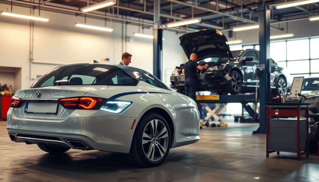 A detailed scene depicting a replacement vehicle parked in a well-lit auto repair shop after a collision. In the foreground, the replacement car, a sleek, modern sedan, sits prominently illuminated, showcasing its clean lines and vibrant color. In the middle ground, a skilled technician in professional attire inspects the damaged vehicle on a hydraulic lift, focused on documenting its condition. Tools and equipment are neatly arranged on a nearby workbench, adding to the authenticity of the setting. In the background, soft overhead lighting casts a warm glow, with other vehicles in various stages of repair. The atmosphere is professional and efficient, emphasizing the importance of quality repairs without unnecessary promises. The perspective is a slightly elevated angle, providing a comprehensive view of the scene without any distractions. A detailed scene depicting a replacement vehicle parked in a well-lit auto repair shop after a collision. In the foreground, the replacement car, a sleek, modern sedan, sits prominently illuminated, showcasing its clean lines and vibrant color. In the middle ground, a skilled technician in professional attire inspects the damaged vehicle on a hydraulic lift, focused on documenting its condition. Tools and equipment are neatly arranged on a nearby workbench, adding to the authenticity of the setting. In the background, soft overhead lighting casts a warm glow, with other vehicles in various stages of repair. The atmosphere is professional and efficient, emphasizing the importance of quality repairs without unnecessary promises. The perspective is a slightly elevated angle, providing a comprehensive view of the scene without any distractions.