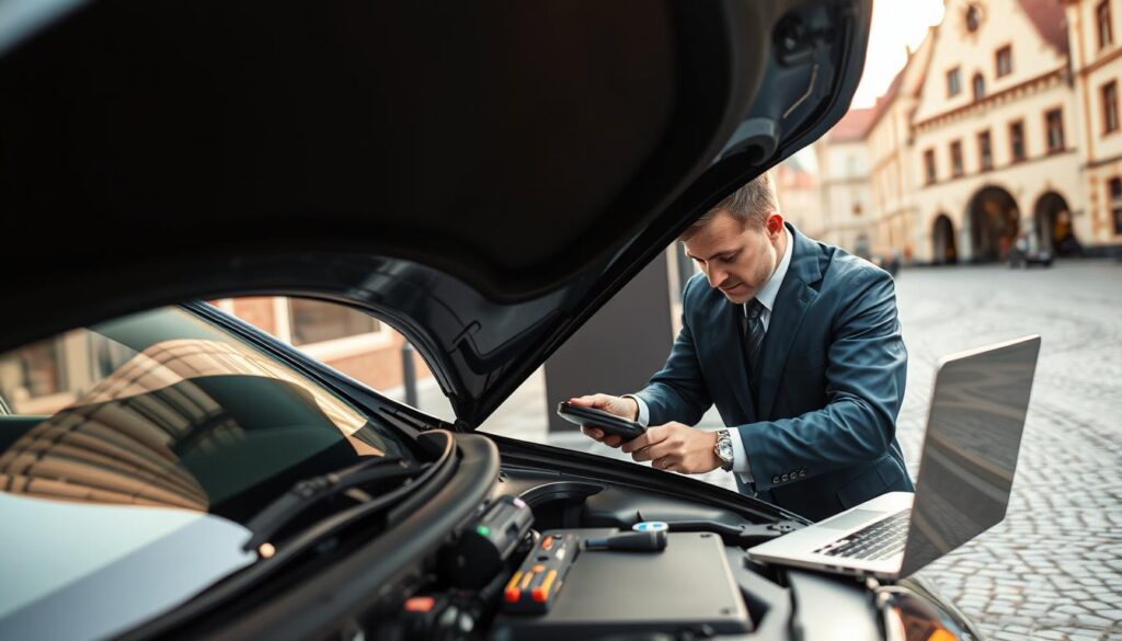A detailed vehicle inspection scene taking place in Nürnberg, featuring a professional technician in business attire meticulously examining a car's technical specifications. In the foreground, the technician is shown using a diagnostic device, focused and attentive. The middle ground includes an open car hood, with various tools and a laptop displaying technical data. In the background, the iconic architecture of Nürnberg is visible, with cobblestone streets and historical buildings softly illuminated by natural sunlight, creating a warm and inviting atmosphere. The image conveys professionalism and diligence, emphasizing the importance of thorough vehicle evaluation before purchase or sale. The perspective should be from a slightly elevated angle, providing a comprehensive view of the scene without distractions. A detailed vehicle inspection scene taking place in Nürnberg, featuring a professional technician in business attire meticulously examining a car's technical specifications. In the foreground, the technician is shown using a diagnostic device, focused and attentive. The middle ground includes an open car hood, with various tools and a laptop displaying technical data. In the background, the iconic architecture of Nürnberg is visible, with cobblestone streets and historical buildings softly illuminated by natural sunlight, creating a warm and inviting atmosphere. The image conveys professionalism and diligence, emphasizing the importance of thorough vehicle evaluation before purchase or sale. The perspective should be from a slightly elevated angle, providing a comprehensive view of the scene without distractions.