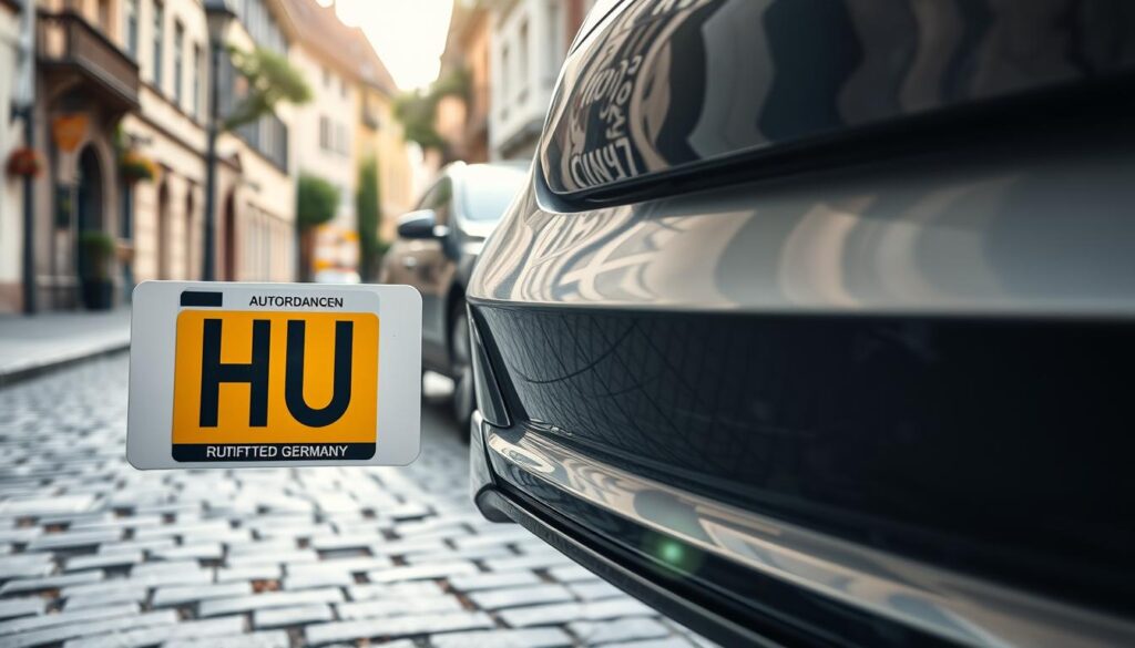 A detailed view of a car's registration plate prominently displaying the "HU" sticker, set against a sleek German vehicle parked on a cobblestone street in Nürnberg. The foreground features the registration plate with a focus on the "HU" label, emphasizing its colors and texture. In the middle ground, the clean lines of the car's body are showcased, glistening under soft, diffused daylight. In the background, a glimpse of Nürnberg's historic architecture, with charming buildings and greenery framing the scene, creates a harmonious balance. The atmosphere is professional and inviting, ideal for an automotive evaluation theme, with a subtle lens flare adding a touch of warmth and realism to the image.