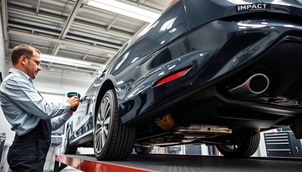 A detailed view of the ADAC vehicle inspection center in Nürnberg-Fürth, showcasing a professional mechanic examining a used car's bodywork, paint, and undercarriage. The mechanic, dressed in a neat uniform, is using specialized tools to assess the vehicle’s condition. In the foreground, a shiny vehicle stands on a raised platform, allowing a clear view of its underbody. The middle ground features diagnostic equipment, while the background displays the well-lit inspection facility, with bright fluorescent lighting emphasizing the clean, organized environment. The atmosphere conveys professionalism and thoroughness, highlighting the importance of meticulous vehicle evaluation. The shot is taken from a slightly elevated angle to capture both the mechanic's focused work and the details of the vehicle under inspection. A detailed view of the ADAC vehicle inspection center in Nürnberg-Fürth, showcasing a professional mechanic examining a used car's bodywork, paint, and undercarriage. The mechanic, dressed in a neat uniform, is using specialized tools to assess the vehicle’s condition. In the foreground, a shiny vehicle stands on a raised platform, allowing a clear view of its underbody. The middle ground features diagnostic equipment, while the background displays the well-lit inspection facility, with bright fluorescent lighting emphasizing the clean, organized environment. The atmosphere conveys professionalism and thoroughness, highlighting the importance of meticulous vehicle evaluation. The shot is taken from a slightly elevated angle to capture both the mechanic's focused work and the details of the vehicle under inspection.
