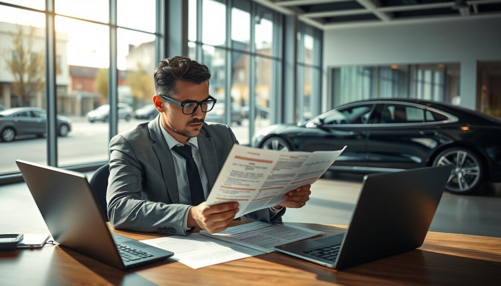 A focused scene depicting a car buyer, dressed in professional business attire, intently comparing a vehicle damage report with a sales contract. In the foreground, the buyer is sitting at a well-lit desk, surrounded by automotive documents, a calculator, and a laptop. In the middle ground, a sleek, modern car is parked nearby, showcasing its immaculate exterior. The background features a bright, airy office space with large windows overlooking a vibrant Nürnberg street. The lighting is natural, casting soft shadows while highlighting the buyer's concentrated expression. The overall atmosphere conveys professionalism, diligence, and trust in the car-buying process.