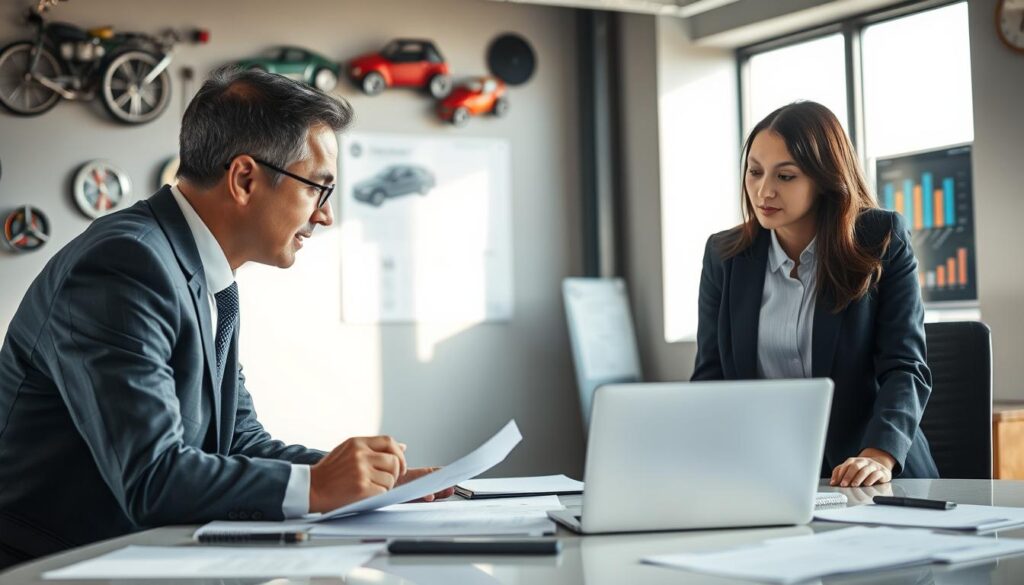 A professional automotive expert, dressed in a business suit, discusses the terms of a car inspection assignment with a client in a modern office setting in Nürnberg. The expert, a middle-aged Caucasian man, is leaning slightly over a conference table cluttered with car inspection reports and a laptop, exuding confidence and authority. The client, a young woman of East Asian descent, is attentively listening, her expression focused and engaged. Bright, natural light filters through large windows, illuminating the room and casting soft shadows. The background features a sleek wall of automotive memorabilia and charts displaying car inspection statistics, enhancing the professional atmosphere. The overall mood is collaborative and serious, emphasizing the importance of independent car assessments and expert advice. A professional automotive expert, dressed in a business suit, discusses the terms of a car inspection assignment with a client in a modern office setting in Nürnberg. The expert, a middle-aged Caucasian man, is leaning slightly over a conference table cluttered with car inspection reports and a laptop, exuding confidence and authority. The client, a young woman of East Asian descent, is attentively listening, her expression focused and engaged. Bright, natural light filters through large windows, illuminating the room and casting soft shadows. The background features a sleek wall of automotive memorabilia and charts displaying car inspection statistics, enhancing the professional atmosphere. The overall mood is collaborative and serious, emphasizing the importance of independent car assessments and expert advice.