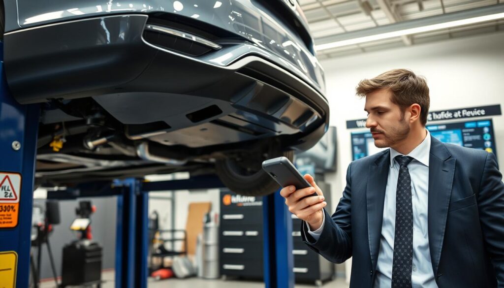 A professional automotive inspection scene at Punkt KÜS in Nürnberg, featuring a technician in a smart business attire, examining a car under a bright, well-lit environment. In the foreground, the technician is closely inspecting the vehicle's undercarriage with a diagnostic tool, showcasing a sense of expertise and attention to detail. The middle ground includes the car on a hydraulic lift, revealing its clean and organized workshop surroundings, with tools and signage indicating safety protocols. The background features a high-tech computer monitor displaying vehicle information and a welcoming reception area. The lighting is bright and clean, creating an atmosphere of trust and professionalism, while capturing the essence of thorough vehicle evaluation. A professional automotive inspection scene at Punkt KÜS in Nürnberg, featuring a technician in a smart business attire, examining a car under a bright, well-lit environment. In the foreground, the technician is closely inspecting the vehicle's undercarriage with a diagnostic tool, showcasing a sense of expertise and attention to detail. The middle ground includes the car on a hydraulic lift, revealing its clean and organized workshop surroundings, with tools and signage indicating safety protocols. The background features a high-tech computer monitor displaying vehicle information and a welcoming reception area. The lighting is bright and clean, creating an atmosphere of trust and professionalism, while capturing the essence of thorough vehicle evaluation.