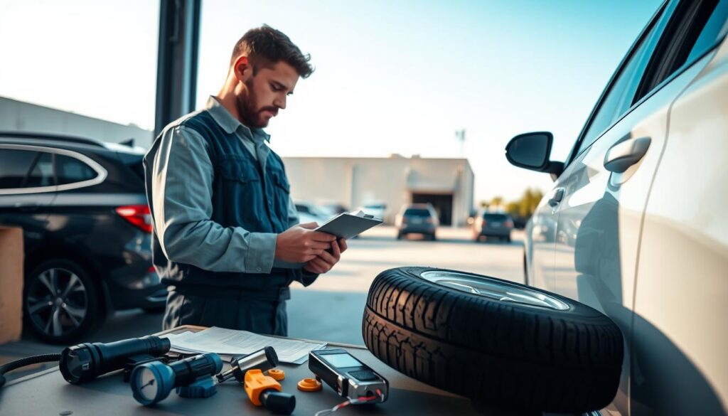 A professional automotive inspection scene showing a mechanic examining a parked car in a well-lit, outdoor environment. In the foreground, features a focused mechanic dressed in a neatly pressed uniform, holding a clipboard and taking notes on the vehicle’s condition. In the middle ground, an assortment of inspection tools like a flashlight, tire gauge, and diagnostic equipment scattered on a nearby workbench. The background reveals a clear blue sky with a few clouds, and a subtle outline of parked cars and an office building, suggesting a professional automotive setting. The lighting is soft and natural, creating an atmosphere of diligence and meticulous attention to detail, capturing the essence of pre-visit inspection planning.