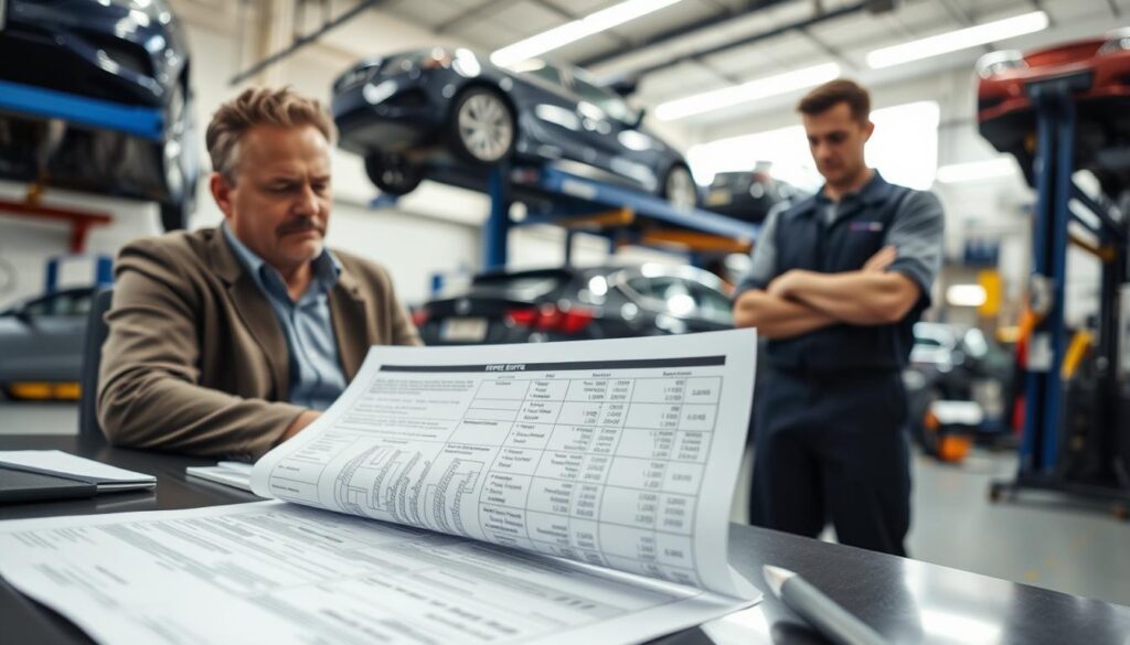 A professional car owner is seated at a desk, discussing a detailed repair estimate and scope of work with an automotive technician. The foreground features a close-up of detailed paperwork, including diagrams and cost breakdowns. The middle layer shows the two individuals engaged in conversation, showcasing the car owner in a smart casual outfit and the technician in a mechanic's uniform. In the background, there is a well-organized garage with tools and partially visible cars under repair. The lighting is bright and focused, accentuating the seriousness of the conversation while creating a professional atmosphere. The camera angle is slightly tilted downwards, capturing the intensity of the discussion and the details on the paperwork.