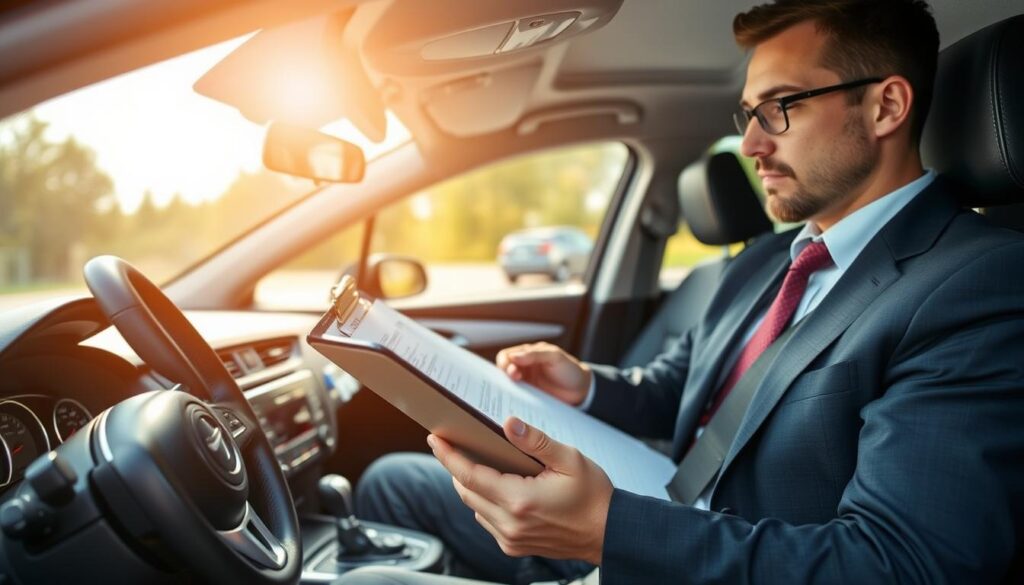 A professional driver, dressed in a smart business suit, is seated in a well-organized car, focused on planning for a vehicle inspection ahead of a routine road check. In the foreground, the driver is examining a clipboard with inspection checklists and car maintenance records. The middle ground features the car's interior, showcasing a detailed dashboard with safety and diagnostic displays. The background reveals a sunny day outside, with a hint of a road and trees, creating a serene atmosphere. The lighting is bright and natural, giving a sense of clarity and focus. The angle should be slightly tilted, emphasizing the driver's engagement in preparing for the inspection, embodying professionalism and diligence.