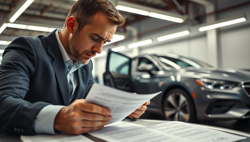 A professional male buyer in business attire is inspecting a car's VIN plate while comparing it with German documents laid out on a nearby surface. The foreground features a close-up of the documents, with detailed text visible, and the buyer is focused intently on the VIN, with a slightly furrowed brow showing concentration. In the middle ground, the car, a sleek modern vehicle, is parked with its driver’s side door open, showcasing an unobstructed angle. The background portrays a well-lit vehicle inspection garage, with fluorescent lighting illuminating the scene, enhancing the atmosphere of seriousness and diligence. The overall mood reflects professionalism and thoroughness, emphasizing the importance of verifying vehicle information meticulously.