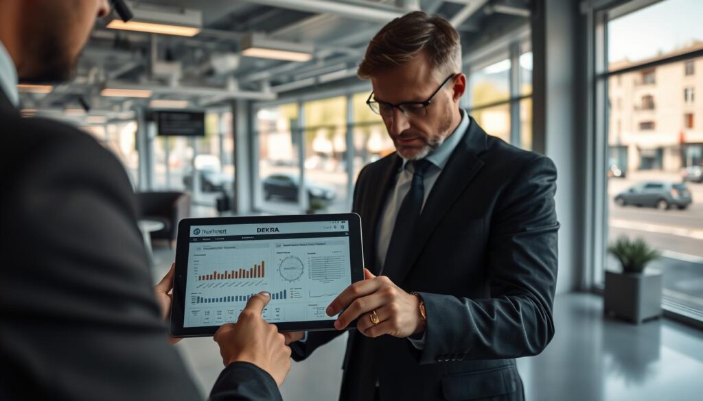 A professional setting at DEKRA in Nürnberg, focusing on the intersection of Isarstraße. In the foreground, a well-dressed business person, analyzing a vehicle report with a digital tablet, displaying graphs and details related to VIN checks and equipment verification. In the middle ground, a clean, modern office environment with a reception area and waiting room, subtle soft lighting creating an inviting atmosphere. In the background, large windows offering a view of Isarstraße, showcasing a bustling street with cars and pedestrians. The composition should be well-balanced, using a slight angle to enhance depth, ensuring the overall mood is professional and inviting, reflecting an atmosphere of efficiency and trust.