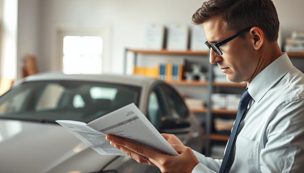 A professional vehicle appraiser examines car repair traces and damage documentation in a well-lit, organized office setting. In the foreground, the appraiser, dressed in smart business attire, meticulously analyzes paperwork while comparing it to a vehicle parts manual. The middle layer features a partially visible vehicle in the appraiser's workspace, showcasing visible signs of previous repairs on its bodywork, such as color mismatches and minor scratches. The background includes shelves filled with automotive manuals and tools, emphasizing the analytical atmosphere of the investigation. Soft, natural lighting coming from a nearby window enhances the clarity of details, while a slight depth of field focuses on the appraiser’s concentrated expression, conveying a mood of professionalism and diligence.