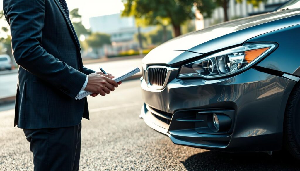 A professional vehicle appraiser examining a damaged car after a collision. In the foreground, the appraiser, dressed in smart business attire, inspects the vehicle with a close-up view of his focused expression. He holds a notepad and pen, documenting visible damages like dents and scratches on the car's surface. In the middle ground, the damaged car is parked on a slick asphalt surface, with cracked headlights and a crumpled bumper, emphasizing the impact of the collision. The background features a blurred urban environment with trees and a distant building, suggesting an accident scene. Soft daylight illuminates the scene, casting gentle shadows, creating a serious yet calm atmosphere as the expert objectively assesses the situation.