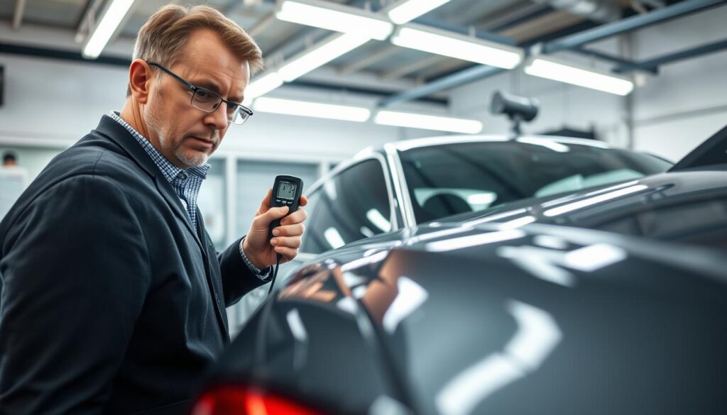 A vehicle appraiser is inspecting the car's paint condition before purchase in a well-lit, modern automotive inspection center in Nürnberg. The foreground showcases the appraiser, a middle-aged man in smart casual attire, using a paint thickness gauge, his expression focused and professional. In the middle ground, a sleek, stylish car, perhaps a German sedan, is parked, with reflections of fluorescent lighting visible on its surface, emphasizing the glossy finish. The background reveals a clean, organized workshop with diagnostic tools and equipment, creating a sense of professionalism and diligence. The atmosphere is serious yet calm, with soft lighting that highlights the attention to detail required in vehicle inspections. The angle captures both the appraiser and the car, showcasing the meticulous process of evaluating the vehicle.