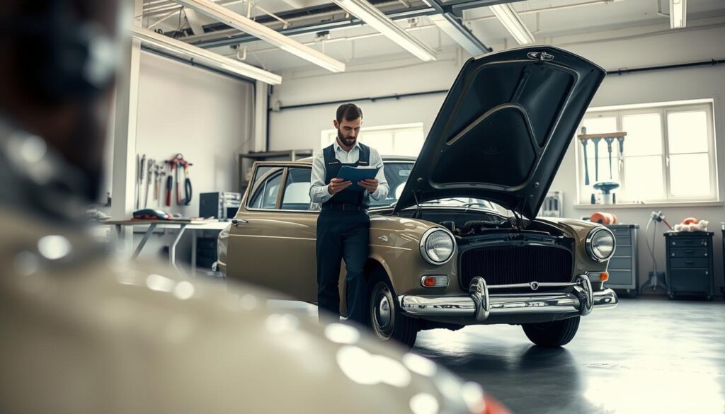 A vintage vehicle undergoing a thorough inspection for damages and the validity of its inspection certificate (HU). In the foreground, the vehicle—an old-fashioned sedan—stands prominently with its hood open, revealing a well-maintained engine. In the middle ground, a mechanic in professional attire examines the vehicle while taking notes on a clipboard, focusing on potential issues. The background showcases a clean, well-lit garage with tools and equipment organized neatly on walls. Soft, natural light filters through the garage windows, creating a calm and focused atmosphere. The angle is slightly low, emphasizing the mechanic's concentration and the importance of vehicle safety. The overall mood is professional, illustrating diligence and quality in vehicle maintenance. A vintage vehicle undergoing a thorough inspection for damages and the validity of its inspection certificate (HU). In the foreground, the vehicle—an old-fashioned sedan—stands prominently with its hood open, revealing a well-maintained engine. In the middle ground, a mechanic in professional attire examines the vehicle while taking notes on a clipboard, focusing on potential issues. The background showcases a clean, well-lit garage with tools and equipment organized neatly on walls. Soft, natural light filters through the garage windows, creating a calm and focused atmosphere. The angle is slightly low, emphasizing the mechanic's concentration and the importance of vehicle safety. The overall mood is professional, illustrating diligence and quality in vehicle maintenance.